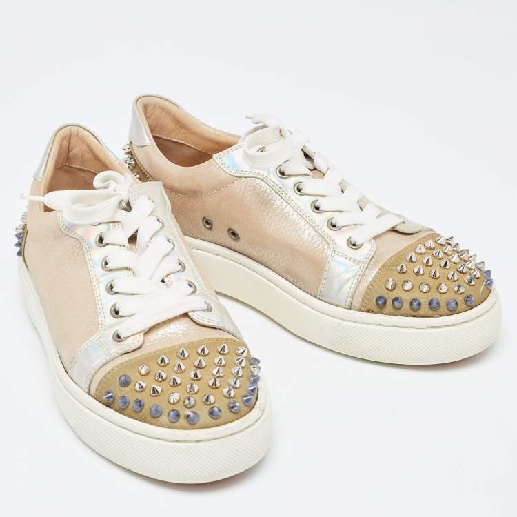 Pre Owned Christian Louboutin Multicolor Nubuck and Leather Louis Junior Spikes Sneakers Size 39.5