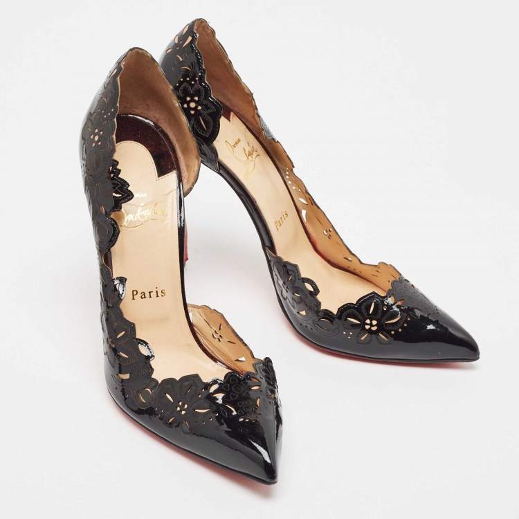 Pre Owned Christian Louboutin Black Patent Leather Floral Laser Cut D'Orsay Pumps Size 40