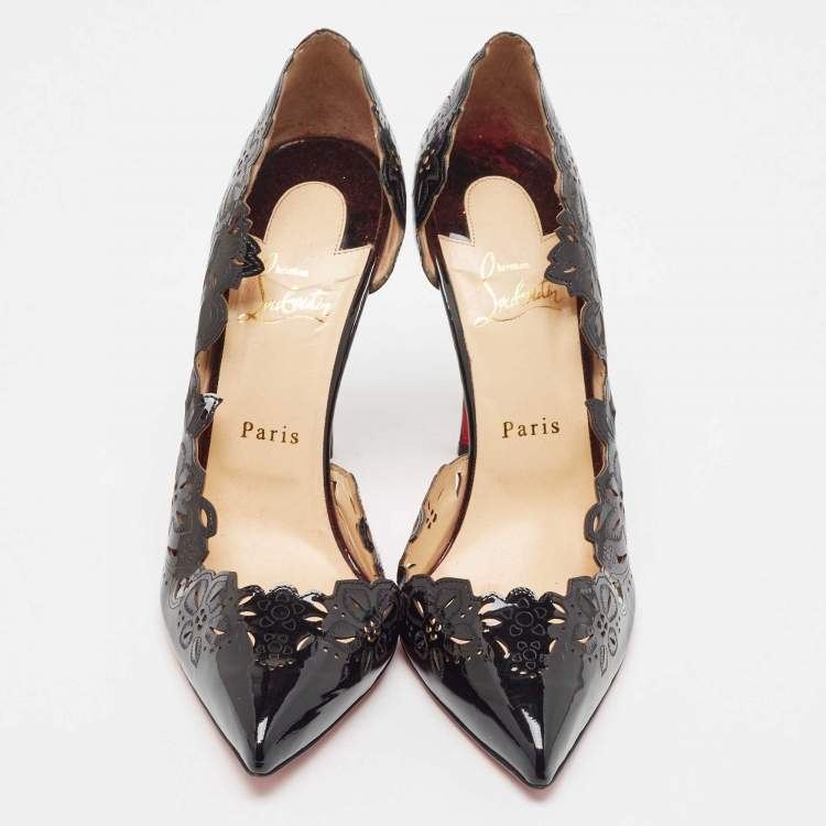 Pre Owned Christian Louboutin Black Patent Leather Floral Laser Cut D'Orsay Pumps Size 40