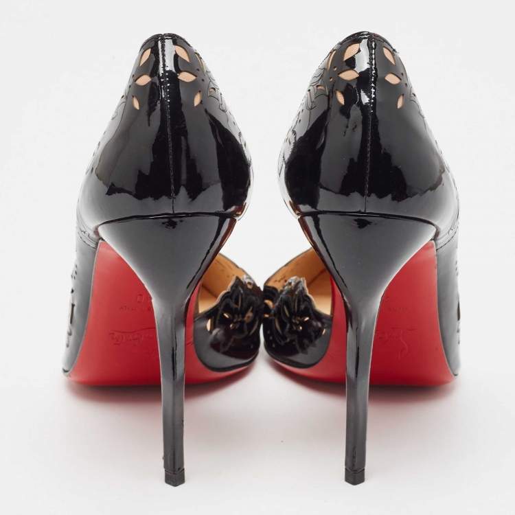 Pre Owned Christian Louboutin Black Patent Leather Floral Laser Cut D'Orsay Pumps Size 40
