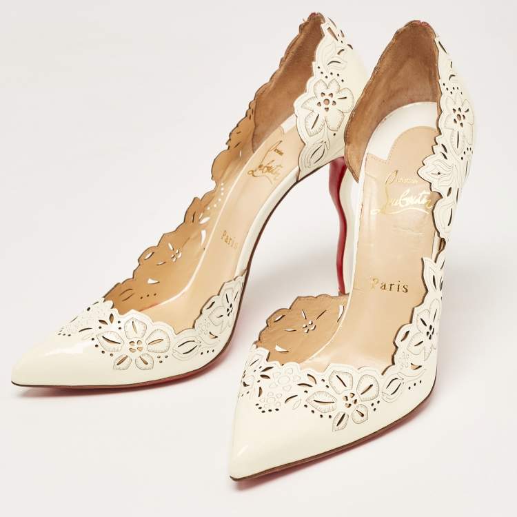 Christian Louboutin Off White Patent Leather Floral Laser Cut D Orsay Pumps Size 40 Christian Louboutin TLC