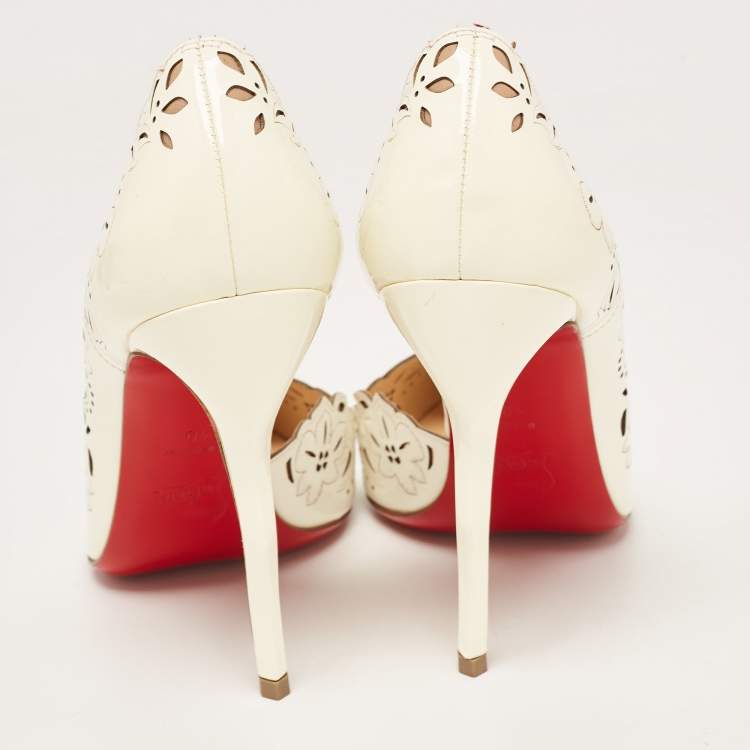Pre Owned Christian Louboutin Off White Patent Leather Floral Laser Cut D'Orsay Pumps Size 40