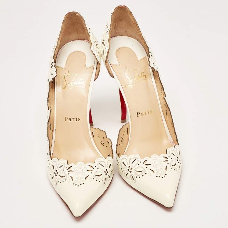 Pre Owned Christian Louboutin Off White Patent Leather Floral Laser Cut D'Orsay Pumps Size 40
