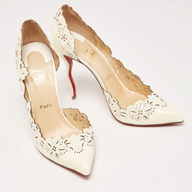 Pre Owned Christian Louboutin Off White Patent Leather Floral Laser Cut D'Orsay Pumps Size 40