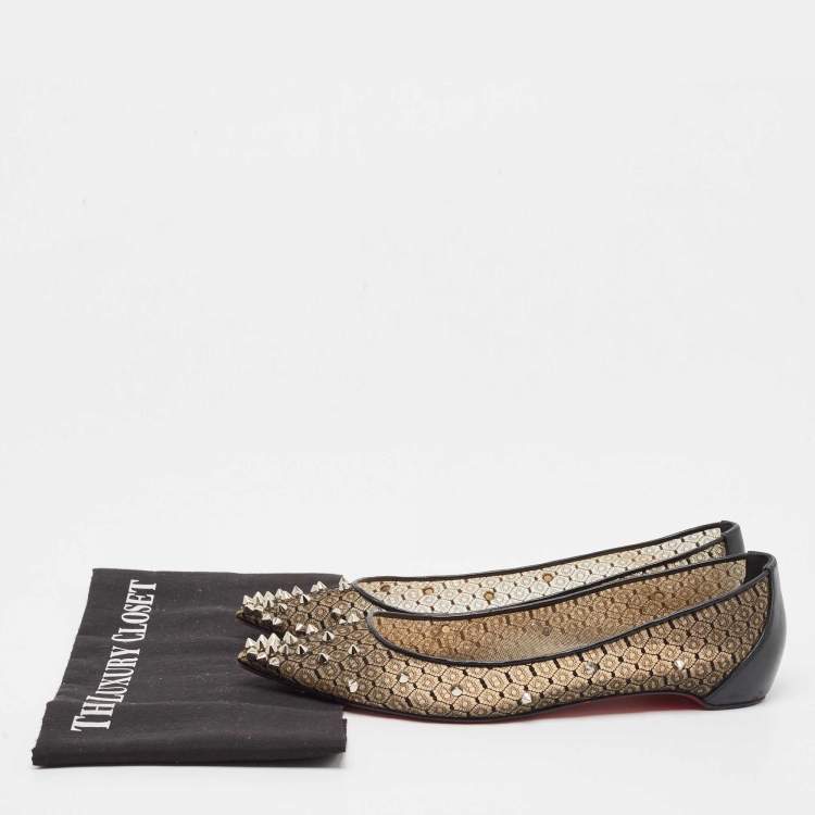 Pre Owned Christian Louboutin Black Lace and Leather Spikes Ballet Flats Size 39