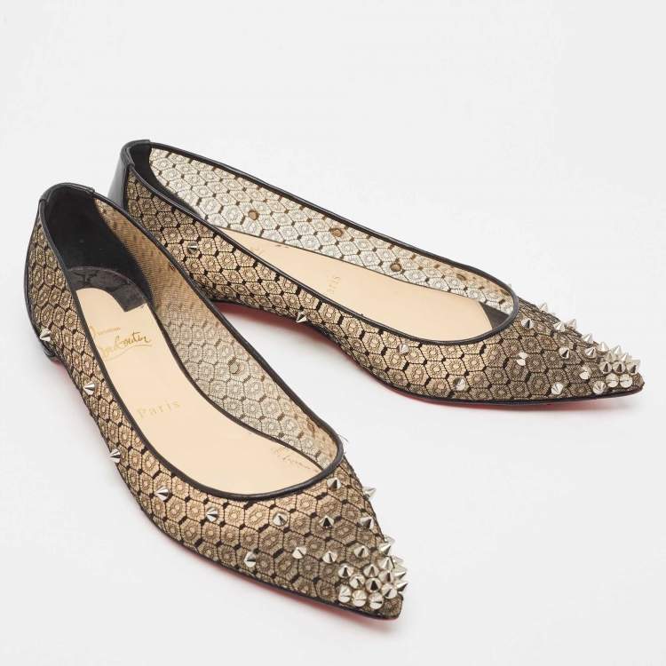 Pre Owned Christian Louboutin Black Lace and Leather Spikes Ballet Flats Size 39