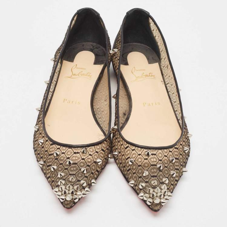 Pre Owned Christian Louboutin Black Lace and Leather Spikes Ballet Flats Size 39