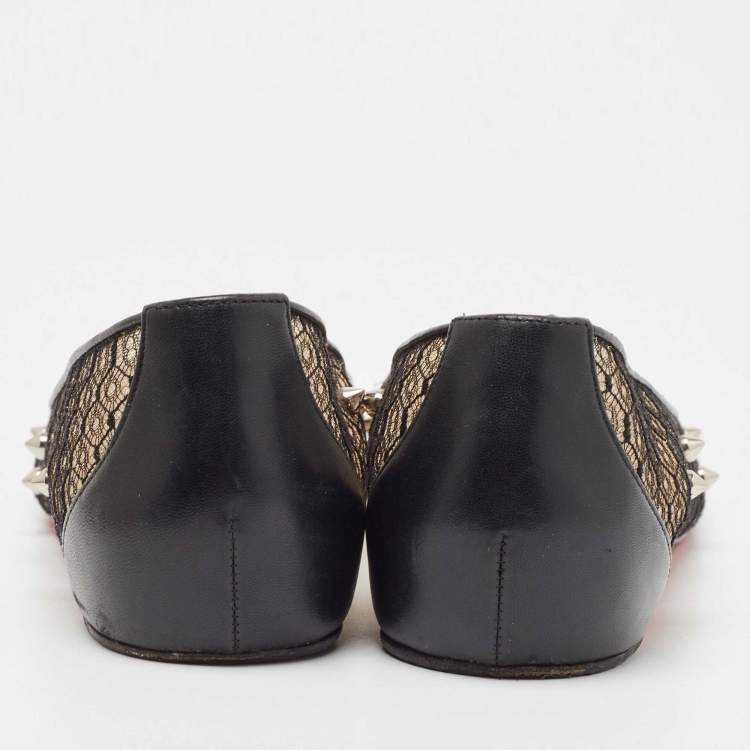 Pre Owned Christian Louboutin Black Lace and Leather Spikes Ballet Flats Size 39