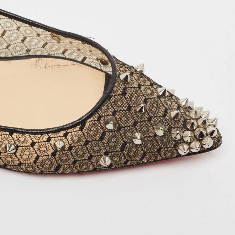 Pre Owned Christian Louboutin Black Lace and Leather Spikes Ballet Flats Size 39
