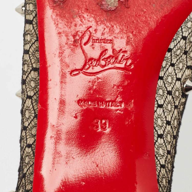Pre Owned Christian Louboutin Black Lace and Leather Spikes Ballet Flats Size 39
