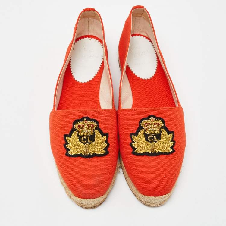 Pre Owned Christian Louboutin Orange Canvas Galia Espadrille Flats Size 38