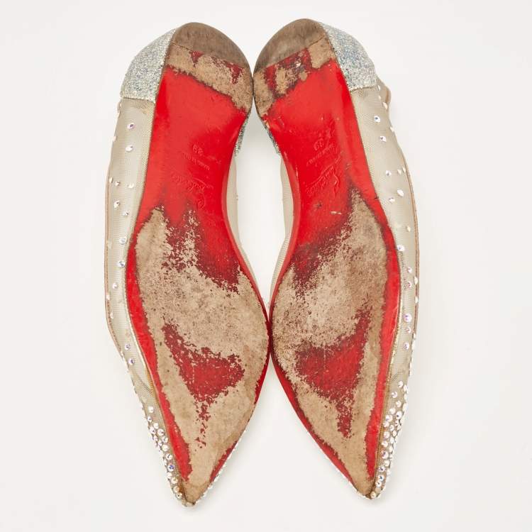 Pre Owned Christian Louboutin Beige/Silver Mesh and Lurex Fabric Follies Strass Ballet Flats Size 39