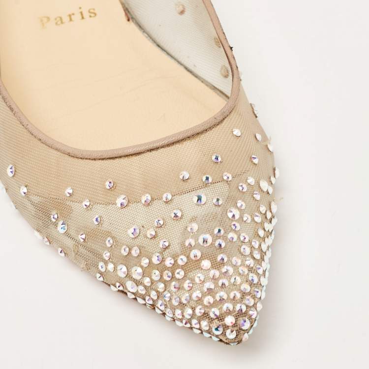 Pre Owned Christian Louboutin Beige/Silver Mesh and Lurex Fabric Follies Strass Ballet Flats Size 39