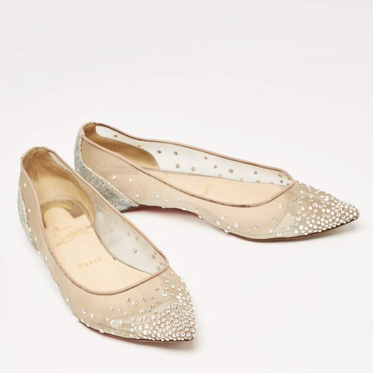 Pre Owned Christian Louboutin Beige/Silver Mesh and Lurex Fabric Follies Strass Ballet Flats Size 39