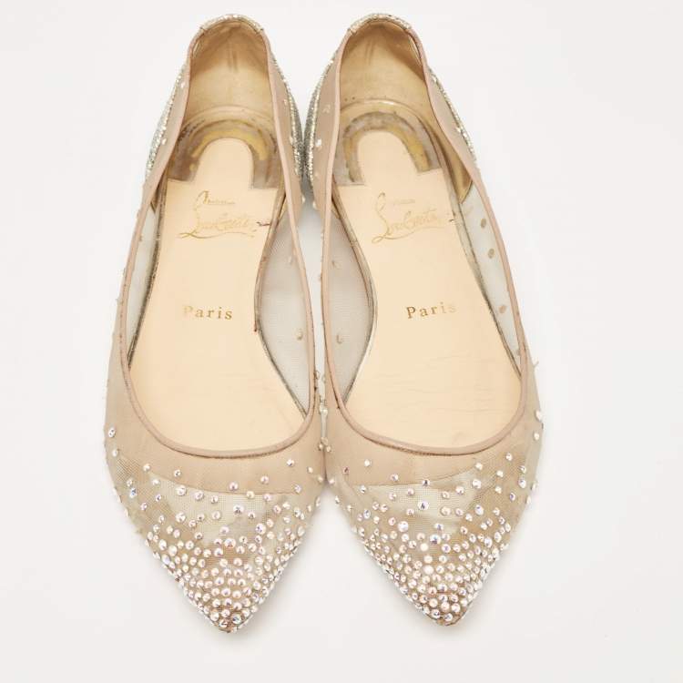 Pre Owned Christian Louboutin Beige/Silver Mesh and Lurex Fabric Follies Strass Ballet Flats Size 39