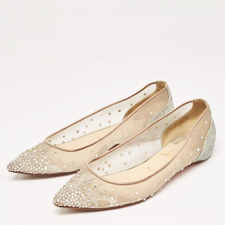 Pre Owned Christian Louboutin Beige/Silver Mesh and Lurex Fabric Follies Strass Ballet Flats Size 39