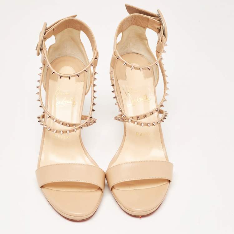 Pre Owned Christian Louboutin Beige Leather Spike Choca Lux Sandals Size 39