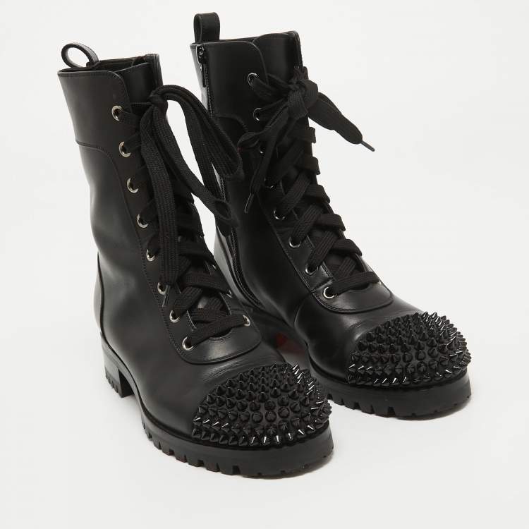 مملوكة مسبقًا Christian Louboutin Black Leather TS Croc Spiked Ankle Boots Size 36