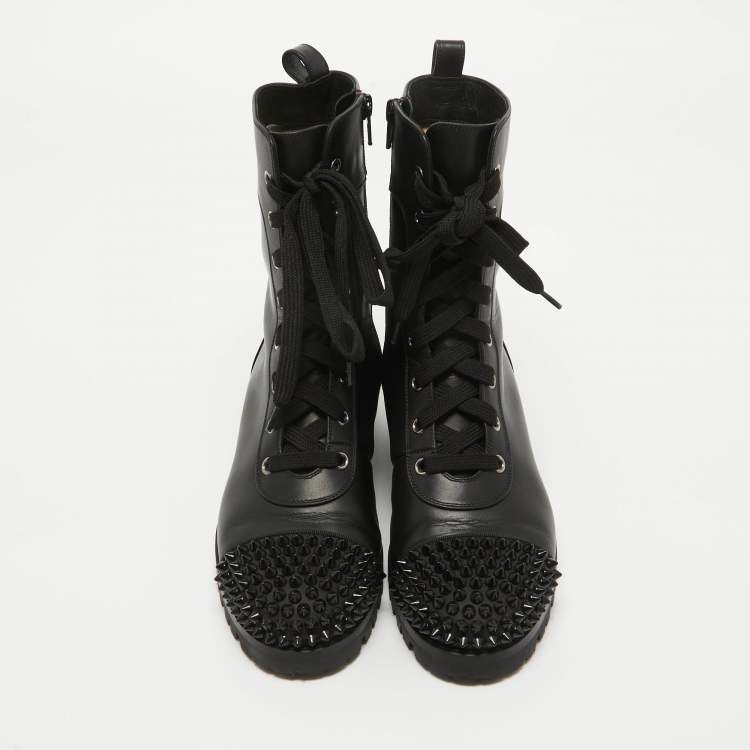 مملوكة مسبقًا Christian Louboutin Black Leather TS Croc Spiked Ankle Boots Size 36