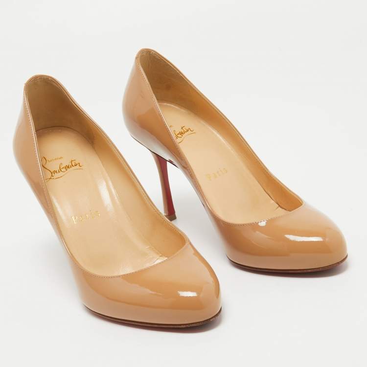 Pre Owned Christian Louboutin Beige Patent Leather Dolly Pumps Size 37
