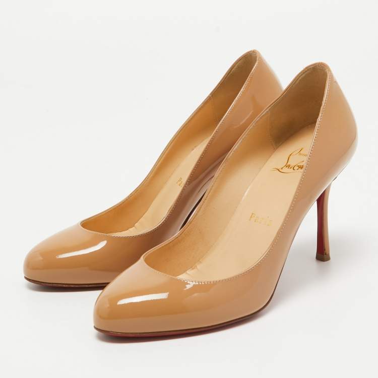 Pre Owned Christian Louboutin Beige Patent Leather Dolly Pumps Size 37