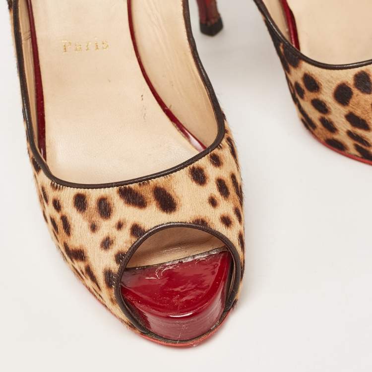 Pre Owned Christian Louboutin Beige/Brown Leopard Print Calf Hair No Prive Slingback Pumps Size 41