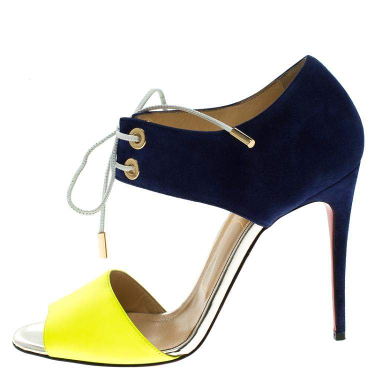 Pre Owned Christian Louboutin Two Tone Leather and Suede Mayerling Lace-Up Sandals Size 38