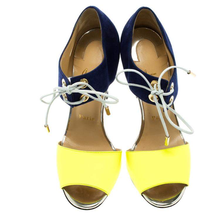 Pre Owned Christian Louboutin Two Tone Leather and Suede Mayerling Lace-Up Sandals Size 38