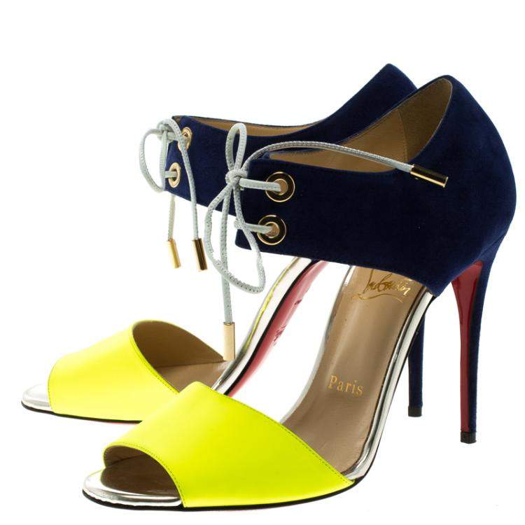 Pre Owned Christian Louboutin Two Tone Leather and Suede Mayerling Lace-Up Sandals Size 38
