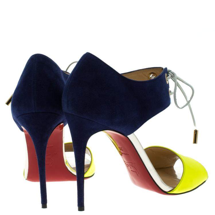 Pre Owned Christian Louboutin Two Tone Leather and Suede Mayerling Lace-Up Sandals Size 38
