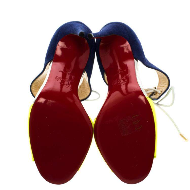 Pre Owned Christian Louboutin Two Tone Leather and Suede Mayerling Lace-Up Sandals Size 38