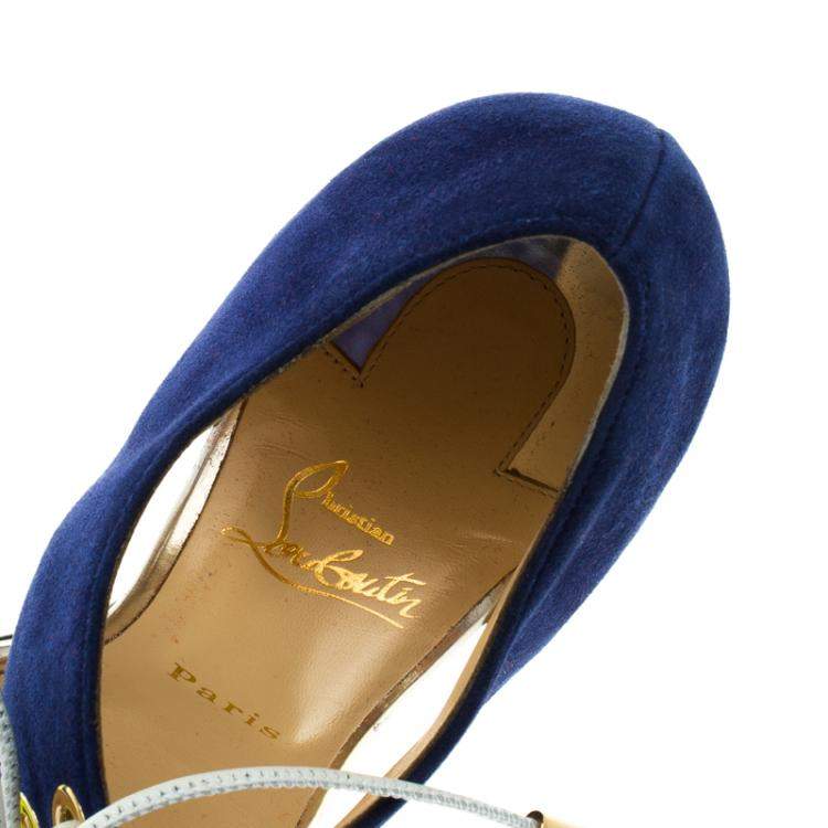 Pre Owned Christian Louboutin Two Tone Leather and Suede Mayerling Lace-Up Sandals Size 38