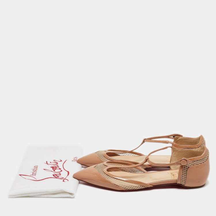 Pre Owned Christian Louboutin Beige Patent and Mesh Ballet Flats Size 39