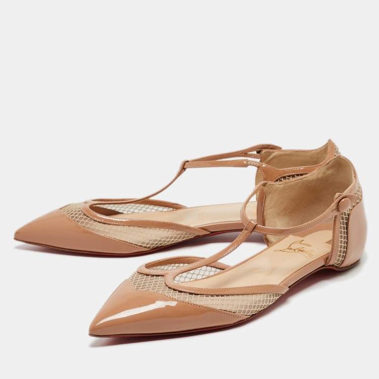 Pre Owned Christian Louboutin Beige Patent and Mesh Ballet Flats Size 39