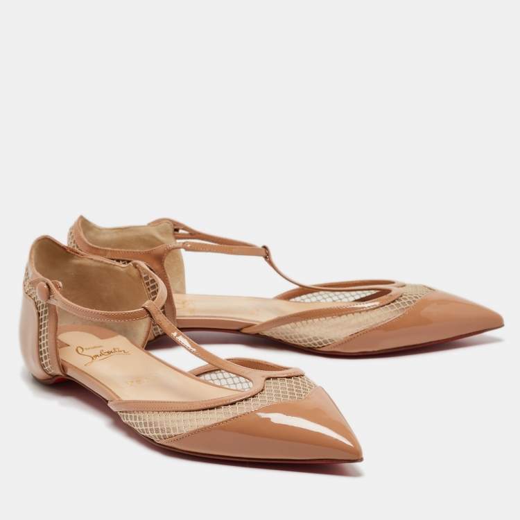 Pre Owned Christian Louboutin Beige Patent and Mesh Ballet Flats Size 39