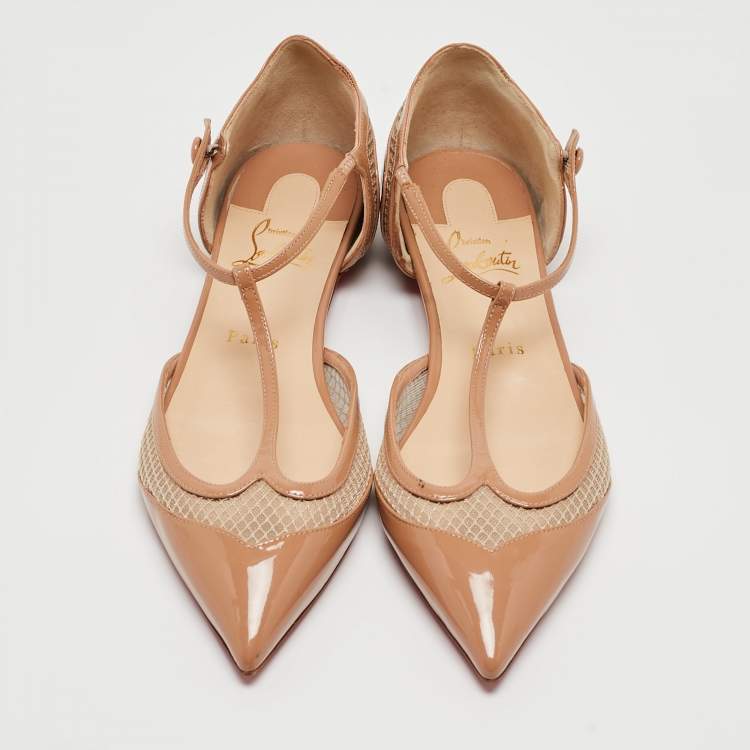 Pre Owned Christian Louboutin Beige Patent and Mesh Ballet Flats Size 39