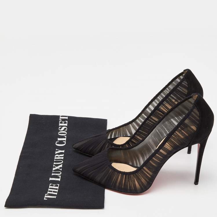 Pre Owned Christian Louboutin Black Tulle and Suede Follies Draperia 100 Pumps Size 39