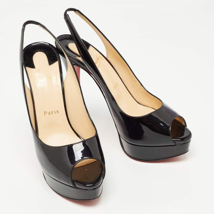 Pre Owned Christian Louboutin Black Patent Leather Lady Peep Slingback Pumps Size 40