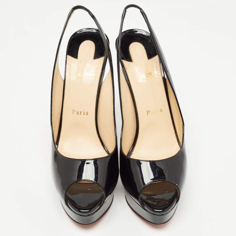 Pre Owned Christian Louboutin Black Patent Leather Lady Peep Slingback Pumps Size 40