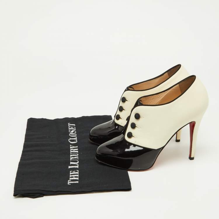 Pre Owned Christian Louboutin Black/Cream Patent and Leather Esoteri Booties Size 38