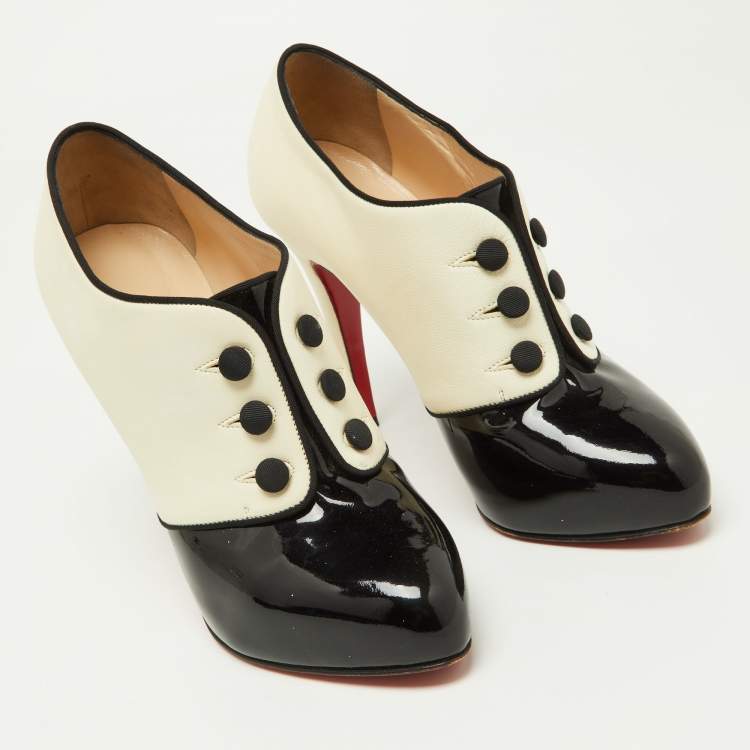 Pre Owned Christian Louboutin Black/Cream Patent and Leather Esoteri Booties Size 38
