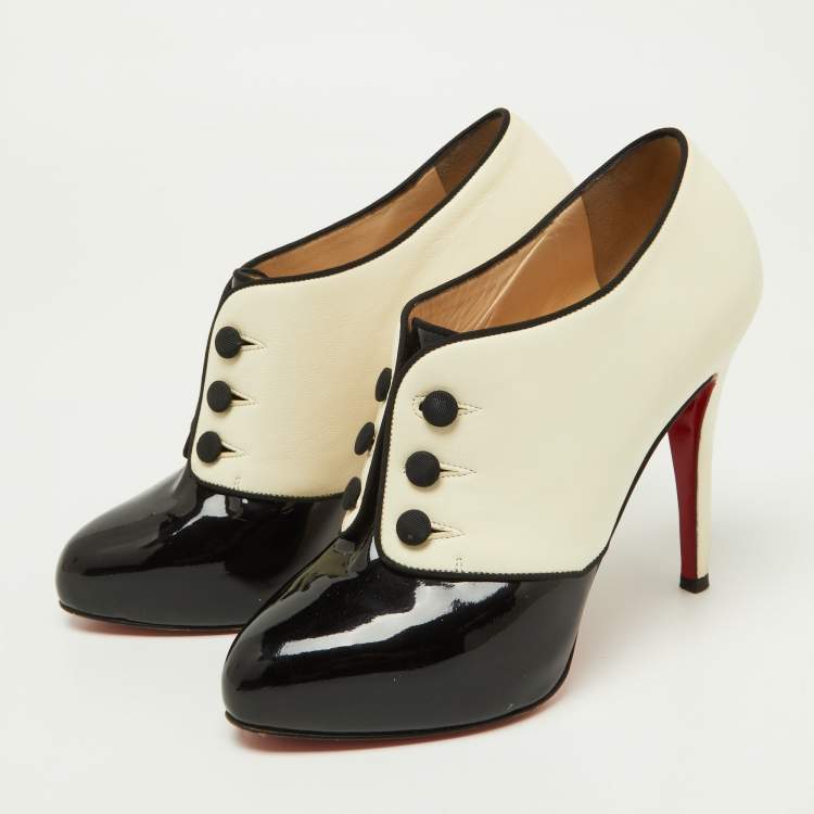 Pre Owned Christian Louboutin Black/Cream Patent and Leather Esoteri Booties Size 38