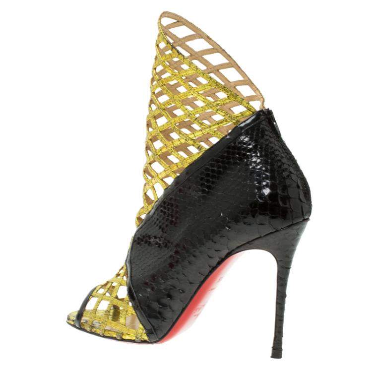 Pre Owned Christian Louboutin Black and Gold Python Bougliona Cage Ankle Boots Size 38.5