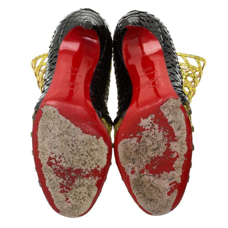 Pre Owned Christian Louboutin Black and Gold Python Bougliona Cage Ankle Boots Size 38.5