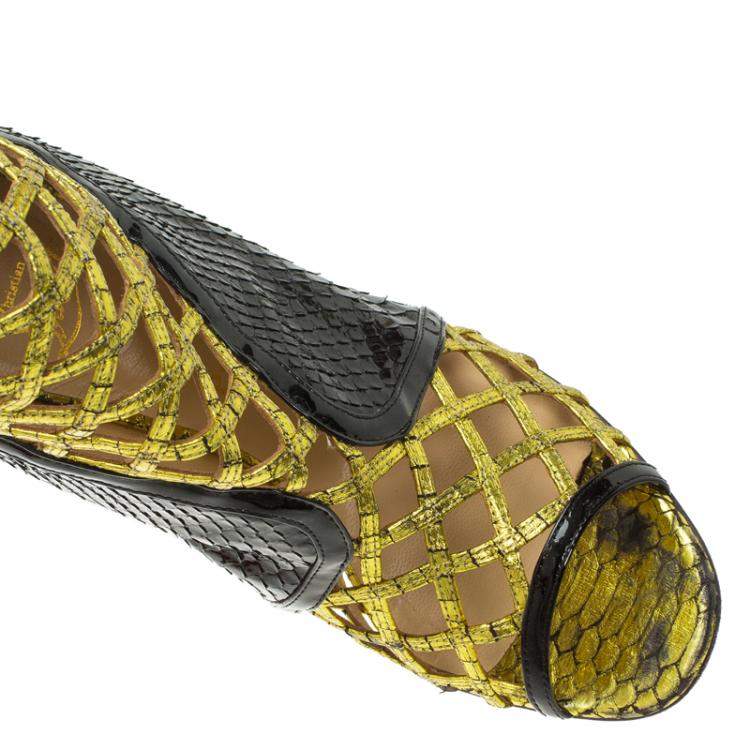 Pre Owned Christian Louboutin Black and Gold Python Bougliona Cage Ankle Boots Size 38.5