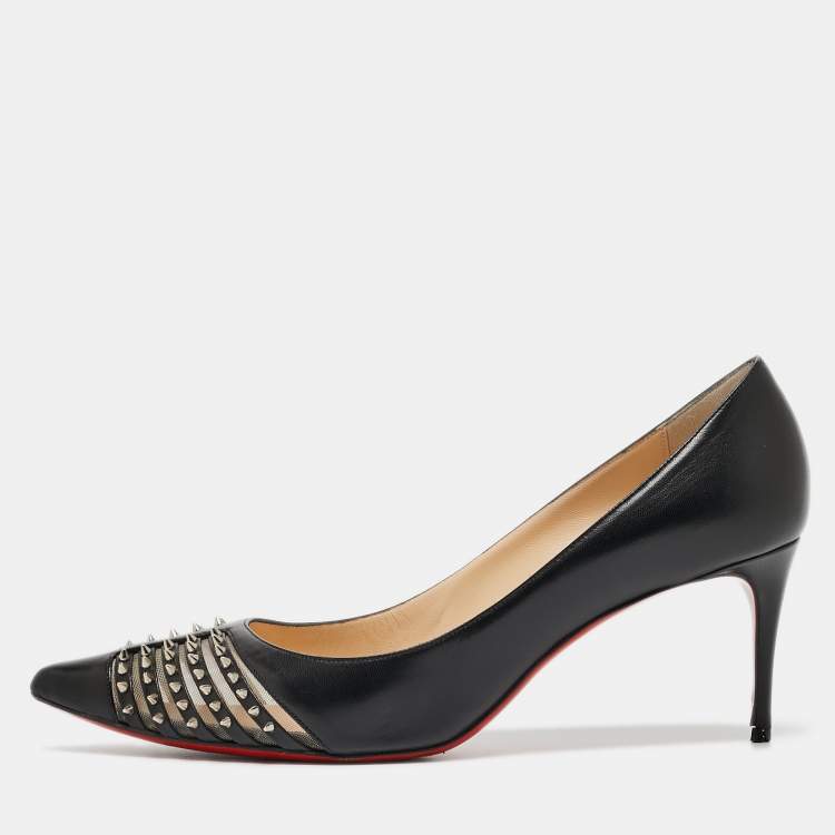 Pre Owned Christian Louboutin Black Leather and Mesh Spiked Bareta Pumps Size 41