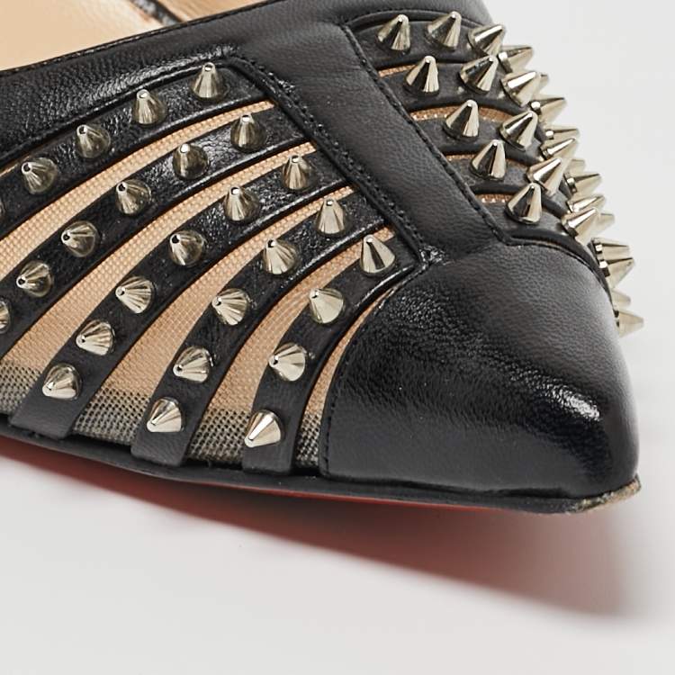Pre Owned Christian Louboutin Black Leather and Mesh Spiked Bareta Pumps Size 41
