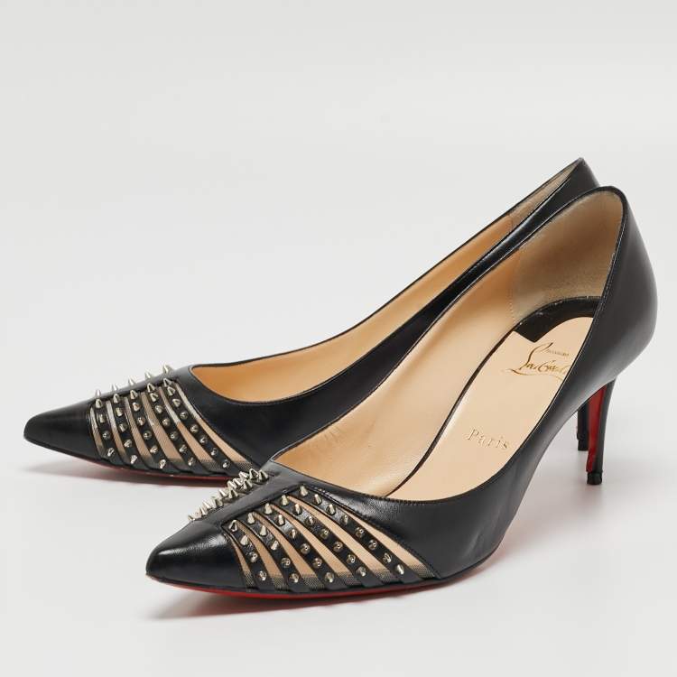 Pre Owned Christian Louboutin Black Leather and Mesh Spiked Bareta Pumps Size 41