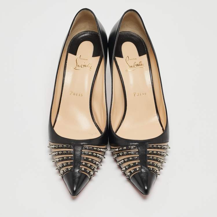 Pre Owned Christian Louboutin Black Leather and Mesh Spiked Bareta Pumps Size 41