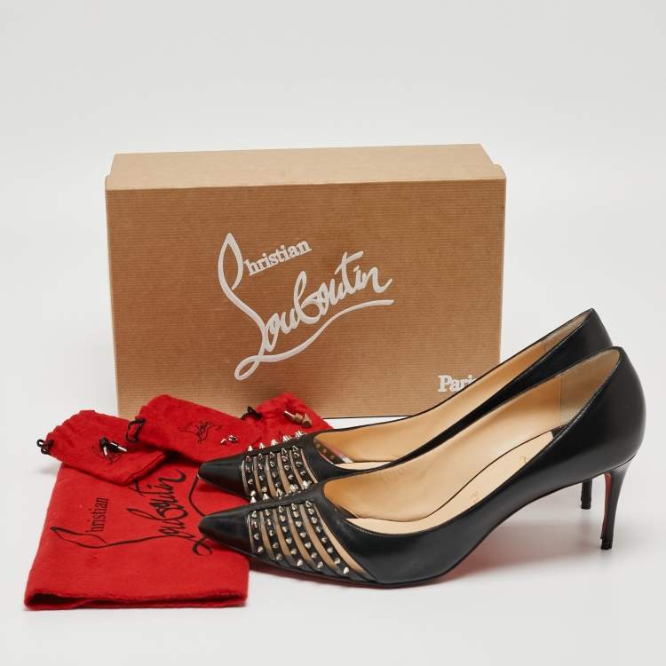 Pre Owned Christian Louboutin Black Leather and Mesh Spiked Bareta Pumps Size 41